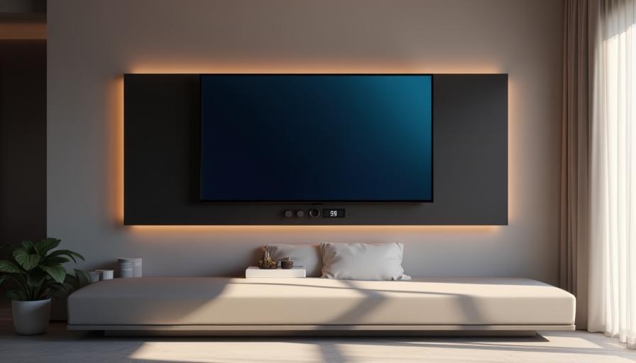 Modern minimal bir evde duvarda dijital saatle entegre Smart TV